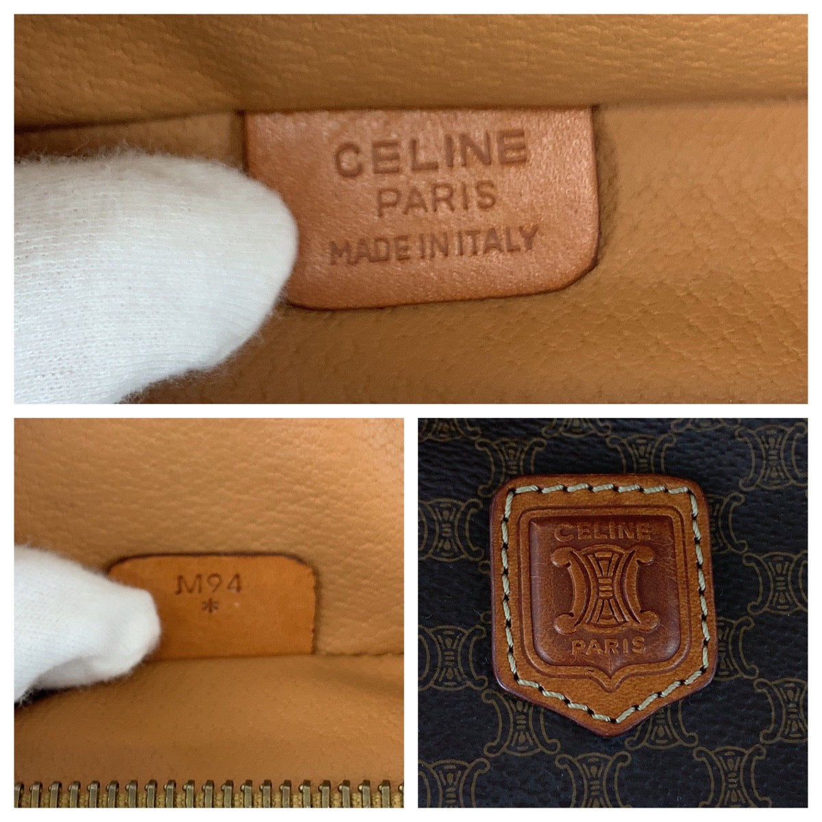 11404
CELINE セリーヌ ヴィンテージ マカダム ブラウン ゴールド金具 レザー M94 ハンドバッグ バニティバッグ アクセサリーポーチ  レディース