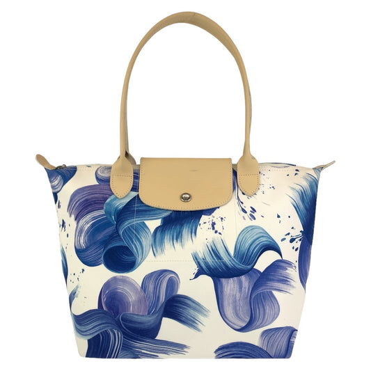 11405
Longchamp ロンシャン フラワー 花柄 ル プリアージュ 折り畳み ブルー ホワイト シルバー金具 キャンバス トートバッグ ショルダーバッグ  レディース