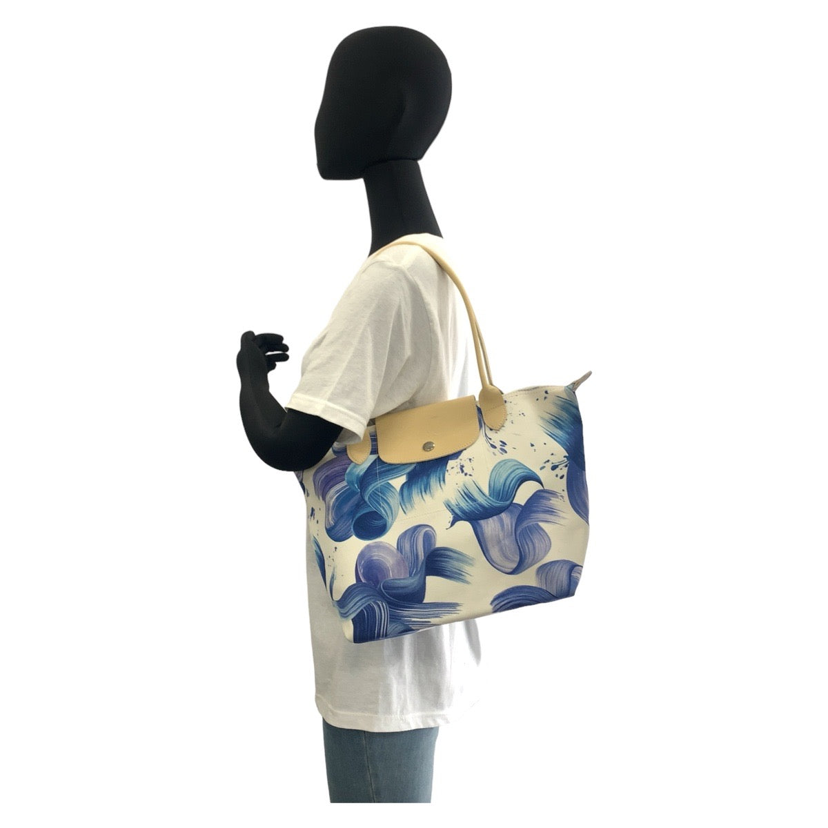 11405
Longchamp ロンシャン フラワー 花柄 ル プリアージュ 折り畳み ブルー ホワイト シルバー金具 キャンバス トートバッグ ショルダーバッグ  レディース