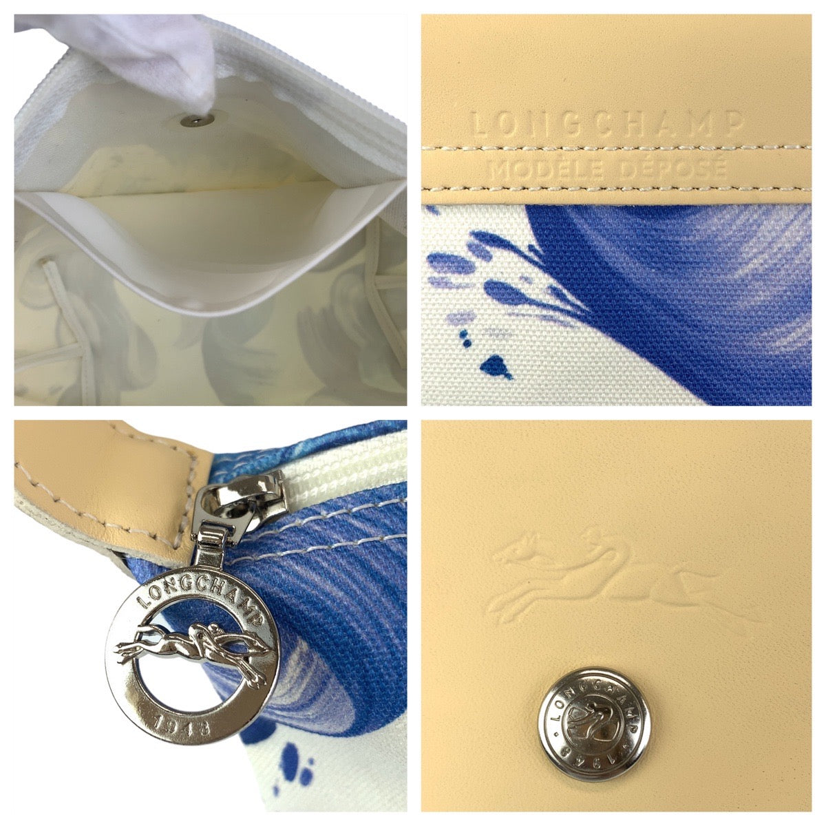 11405
Longchamp ロンシャン フラワー 花柄 ル プリアージュ 折り畳み ブルー ホワイト シルバー金具 キャンバス トートバッグ ショルダーバッグ  レディース