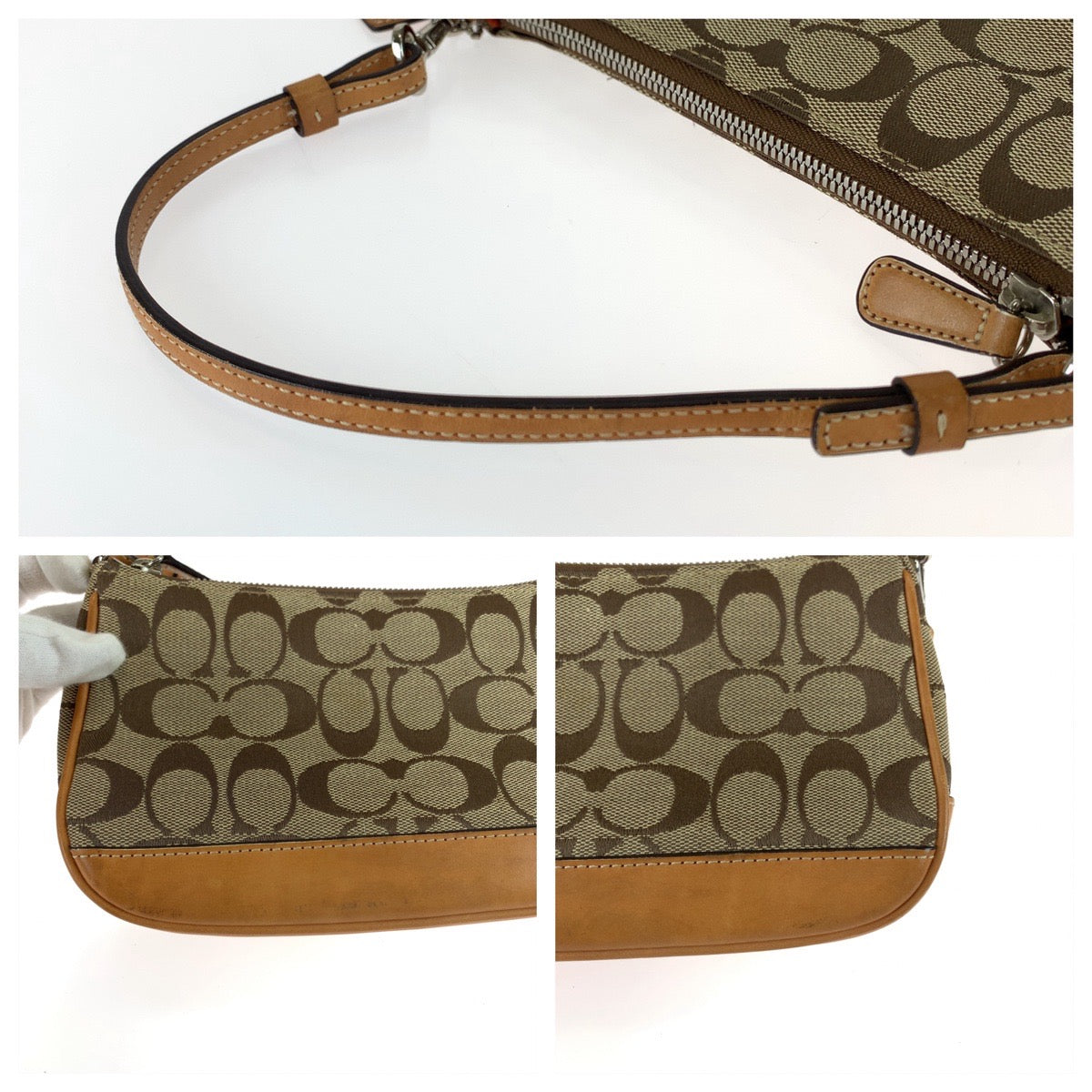 COACH コーチ シグネチャー ブラウン ベージュ シルバー金具 キャンバス / レザー ハンドバッグ アクセサリーポーチ  レディース