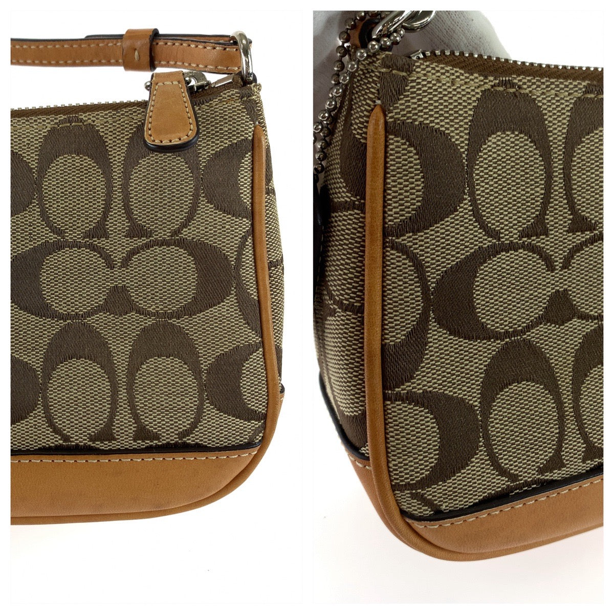 COACH コーチ シグネチャー ブラウン ベージュ シルバー金具 キャンバス / レザー ハンドバッグ アクセサリーポーチ  レディース