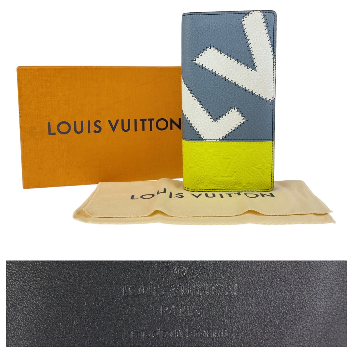 11454
 LOUIS VUITTON Louis Vuitton Taurillon Portefeuille Brazza Blue Yellow Silver Hardware Leather M81440 Long Wallet Men's