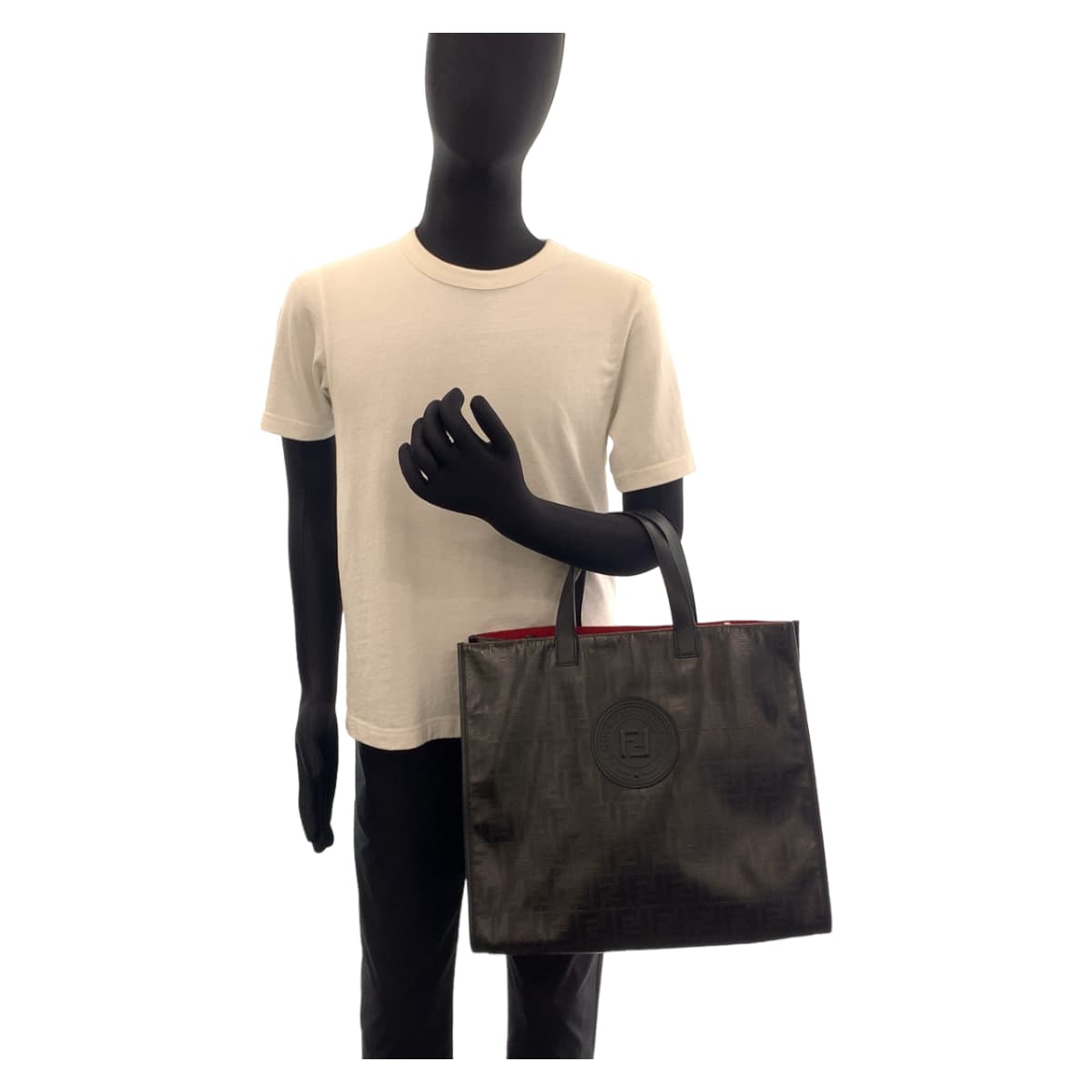 FENDI フェンディ ズッカ 男女兼用 ブラック 黒 レッド シルバー金具 コーティングキャンバス / レザー トートバッグ ハンドバッグ 男女兼用  メンズ