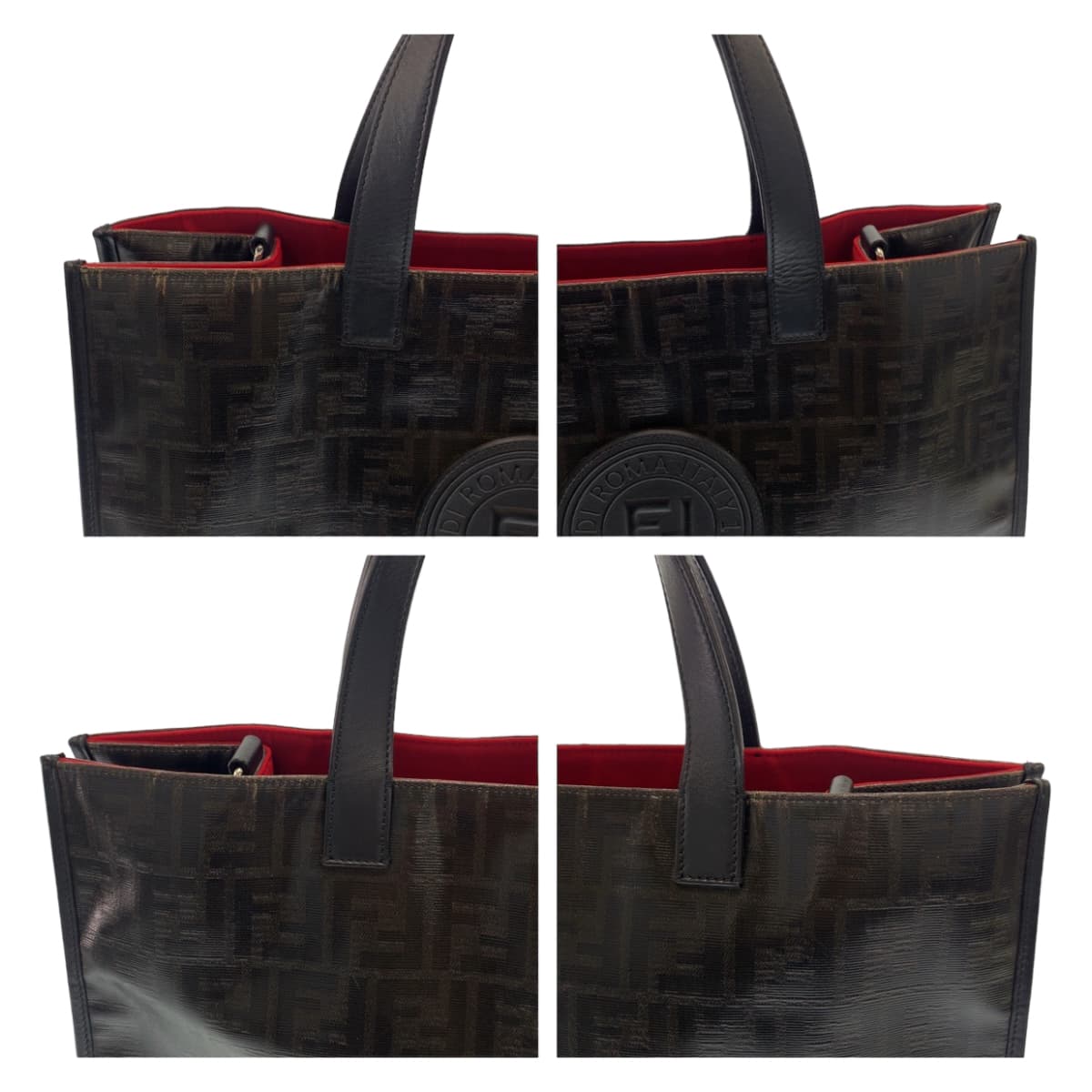 FENDI フェンディ ズッカ 男女兼用 ブラック 黒 レッド シルバー金具 コーティングキャンバス / レザー トートバッグ ハンドバッグ 男女兼用  メンズ