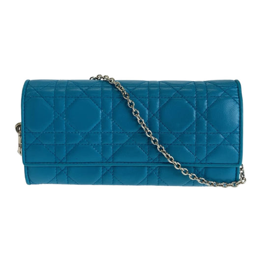 Dior ディオール カナージュ ブルー シルバー金具 ラムスキン 長財布 チェーンウォレット  レディース