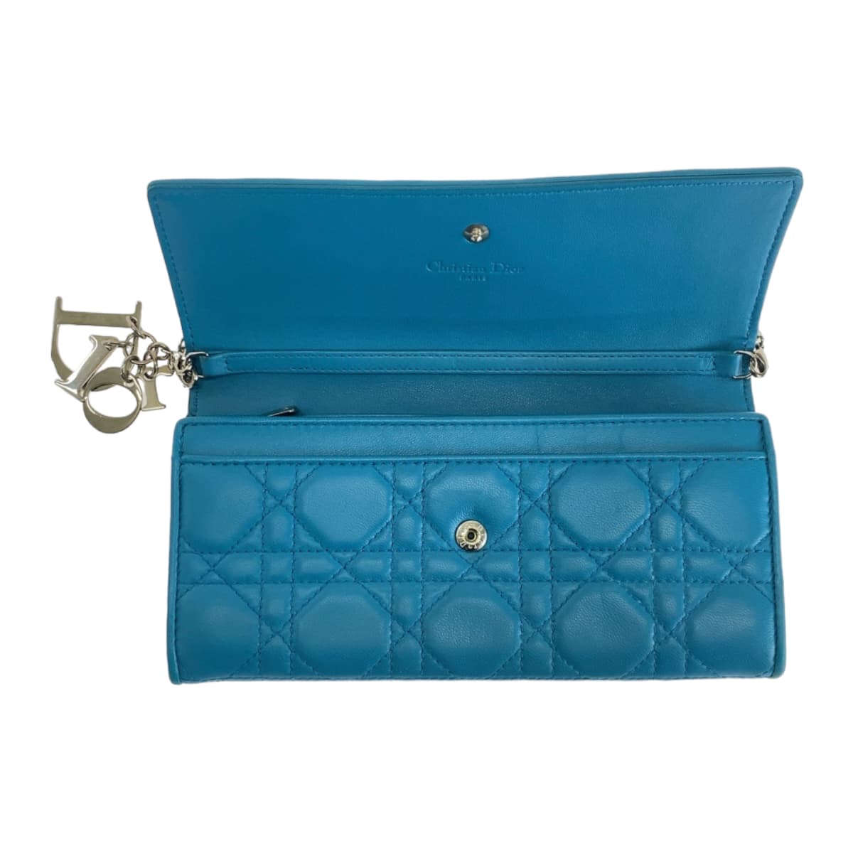 Dior ディオール カナージュ ブルー シルバー金具 ラムスキン 長財布 チェーンウォレット  レディース