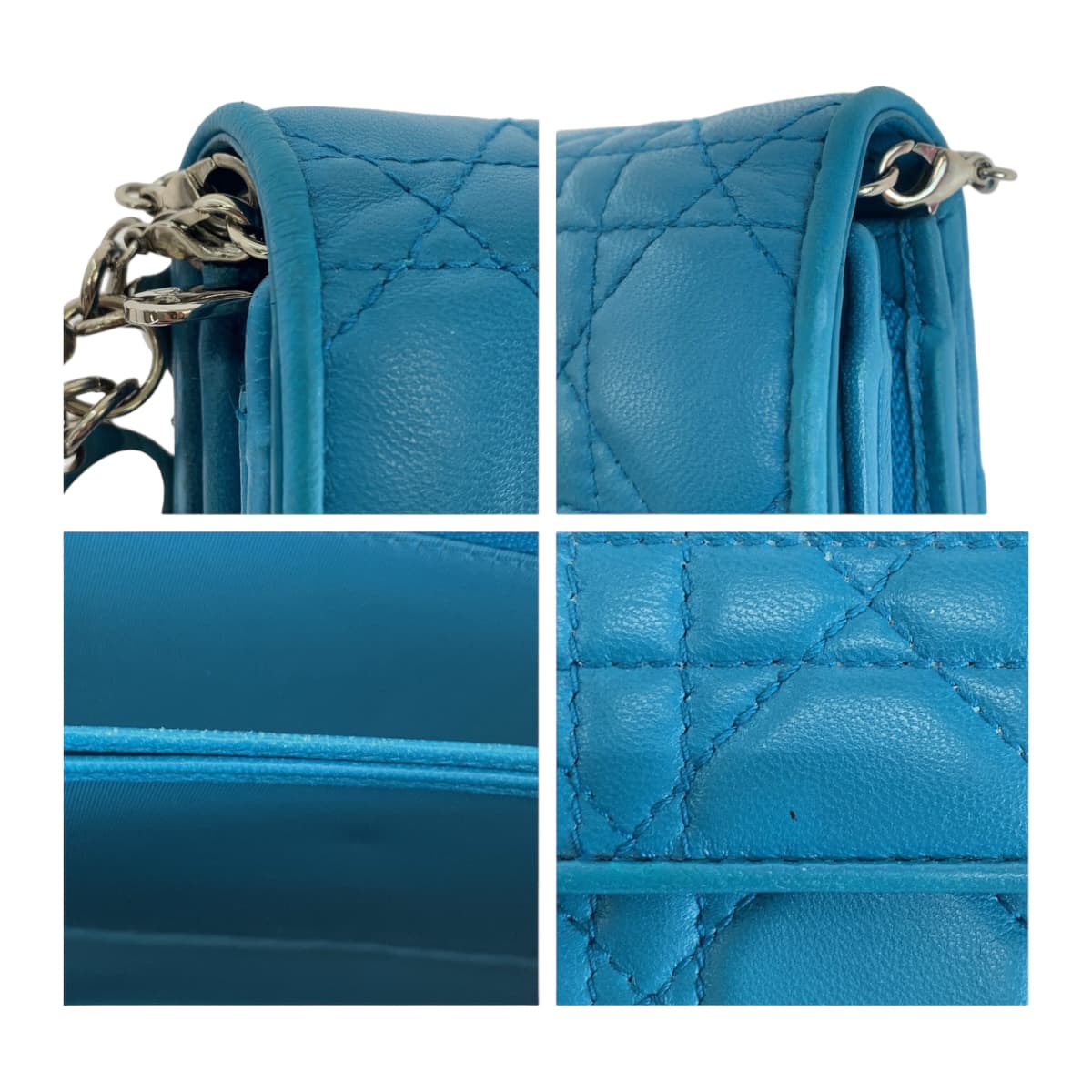 Dior ディオール カナージュ ブルー シルバー金具 ラムスキン 長財布 チェーンウォレット  レディース