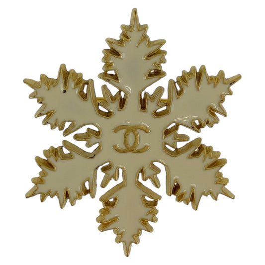 11485
 CHANEL Coco Mark Snowflake White Gold Metal Plated Brooch for Women