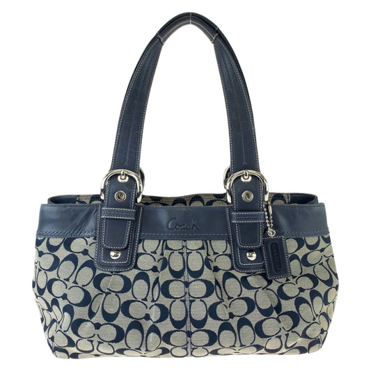 COACH コーチ シグネチャー ネイビー グレー シルバー金具 キャンバス / レザー トートバッグ ショルダーバッグ  レディース