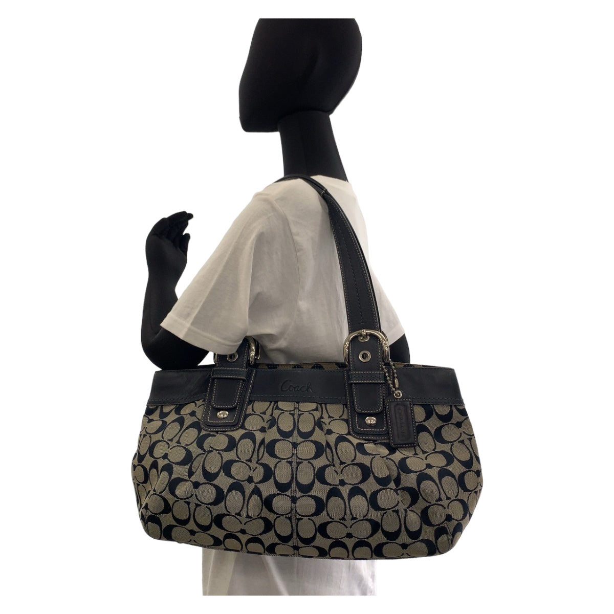 COACH コーチ シグネチャー ネイビー グレー シルバー金具 キャンバス / レザー トートバッグ ショルダーバッグ  レディース