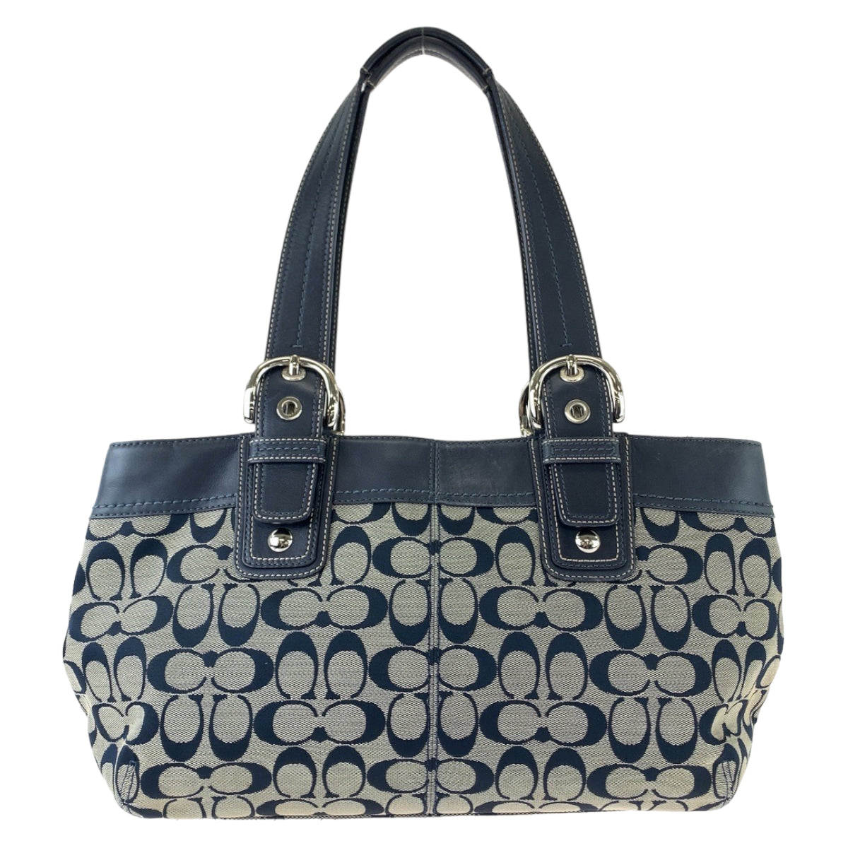 COACH コーチ シグネチャー ネイビー グレー シルバー金具 キャンバス / レザー トートバッグ ショルダーバッグ  レディース