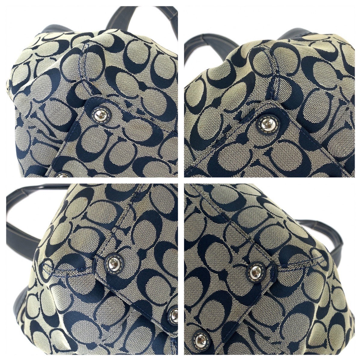 COACH コーチ シグネチャー ネイビー グレー シルバー金具 キャンバス / レザー トートバッグ ショルダーバッグ  レディース