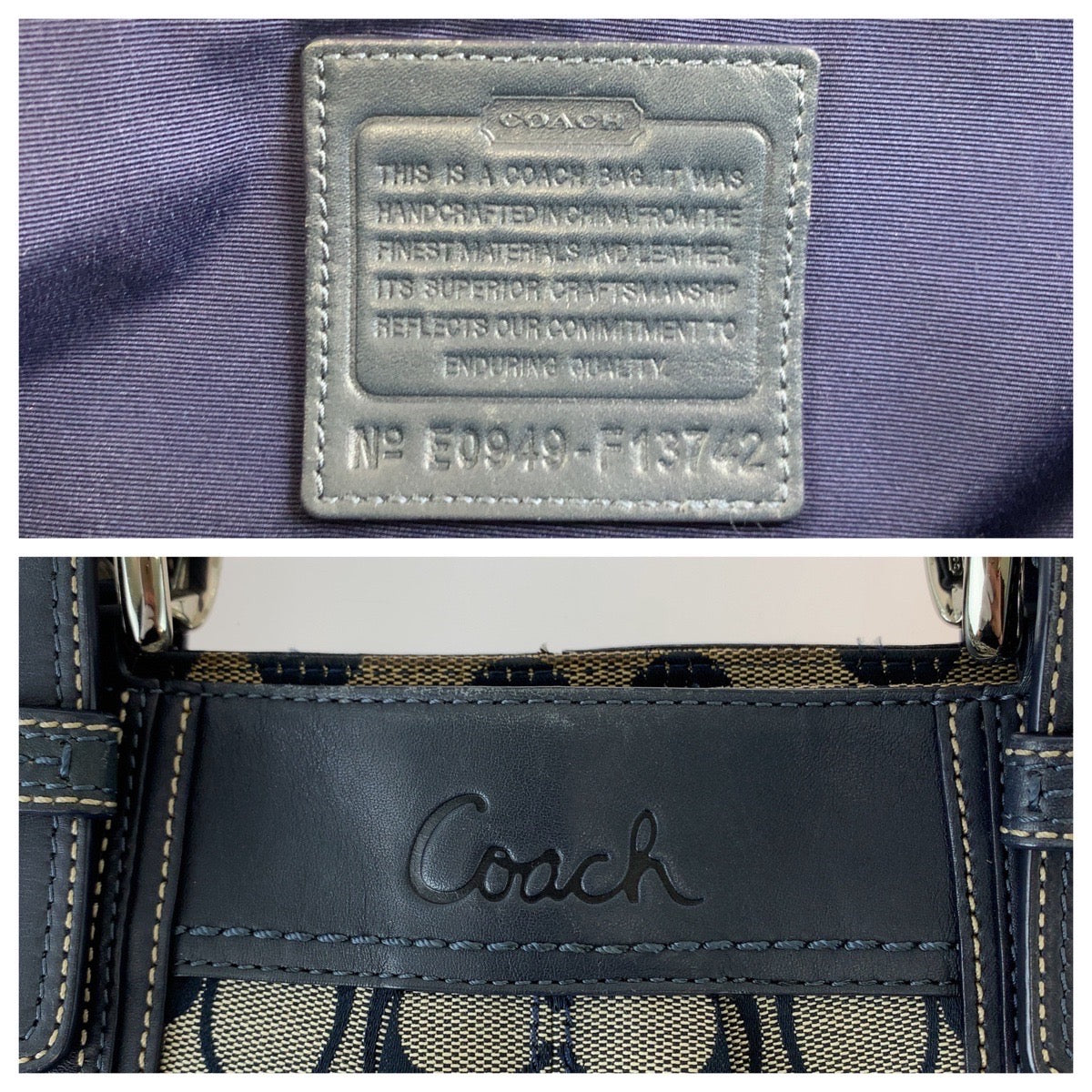 COACH コーチ シグネチャー ネイビー グレー シルバー金具 キャンバス / レザー トートバッグ ショルダーバッグ  レディース