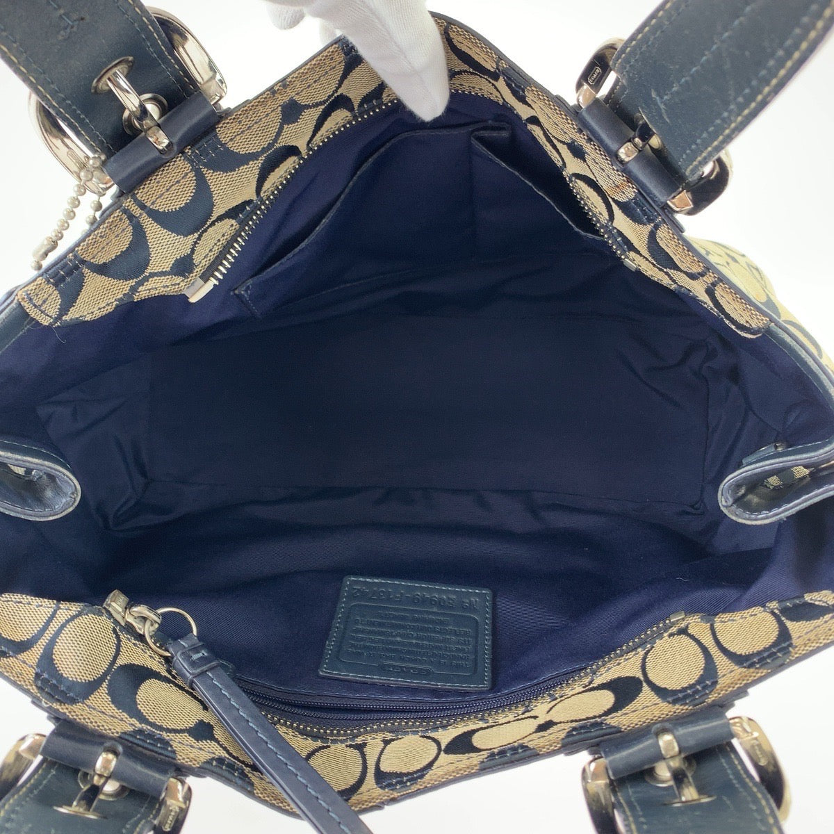 COACH コーチ シグネチャー ネイビー グレー シルバー金具 キャンバス / レザー トートバッグ ショルダーバッグ  レディース