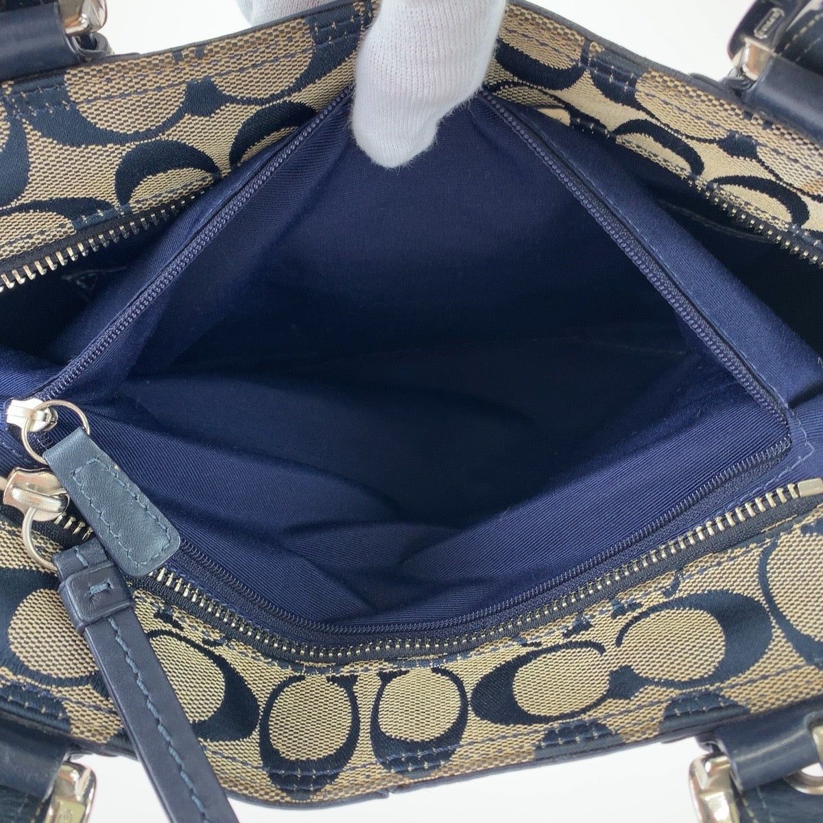 COACH コーチ シグネチャー ネイビー グレー シルバー金具 キャンバス / レザー トートバッグ ショルダーバッグ  レディース