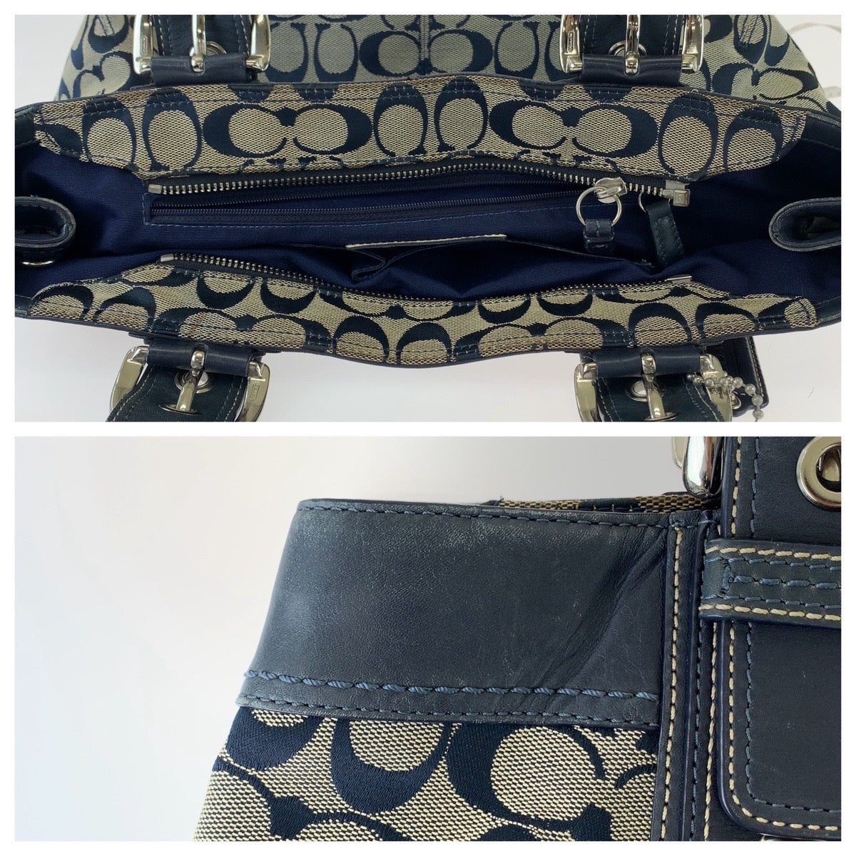 COACH コーチ シグネチャー ネイビー グレー シルバー金具 キャンバス / レザー トートバッグ ショルダーバッグ  レディース