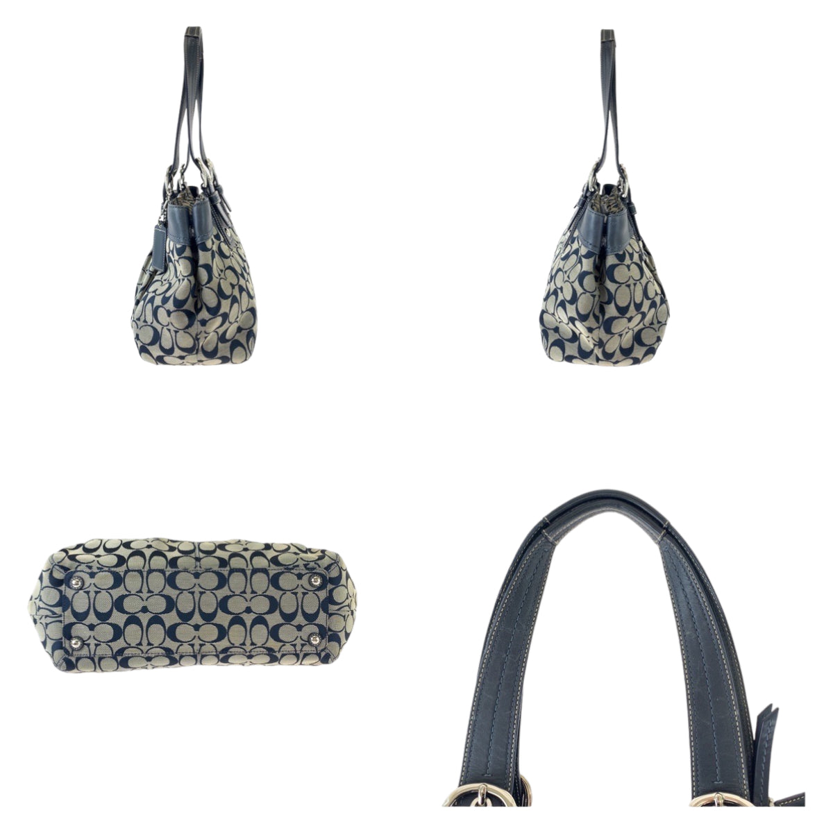 COACH コーチ シグネチャー ネイビー グレー シルバー金具 キャンバス / レザー トートバッグ ショルダーバッグ  レディース