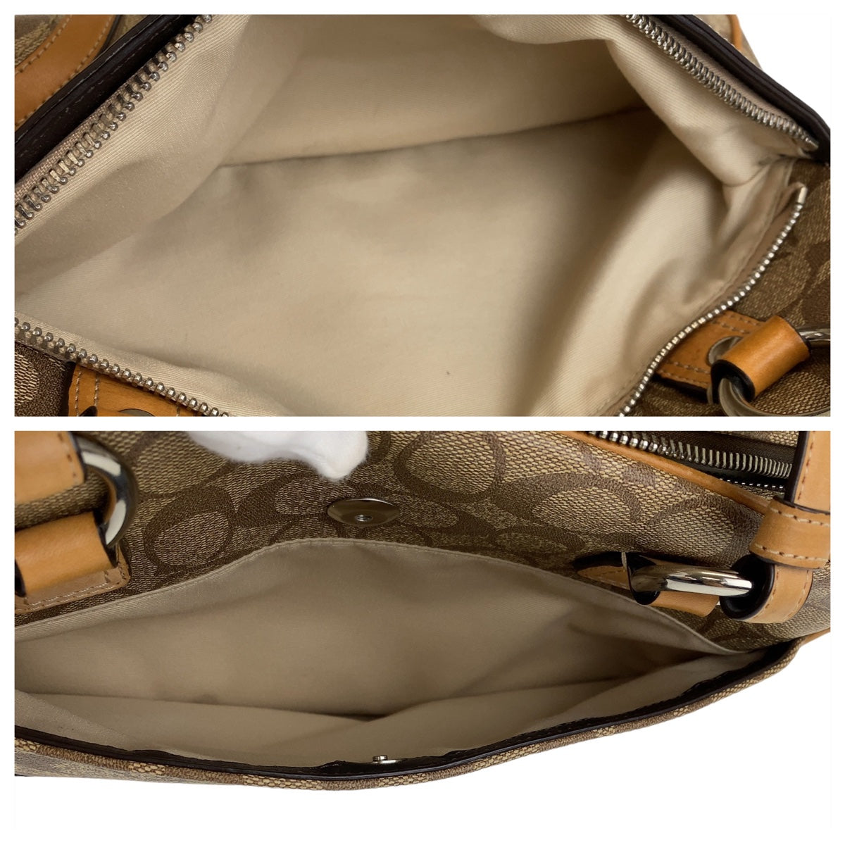 112433
COACH コーチ ヘリテージ シグネチャー ベージュ キャメル シルバー金具 PVC / レザー ショルダーバッグ ハンドバッグ  レディース
