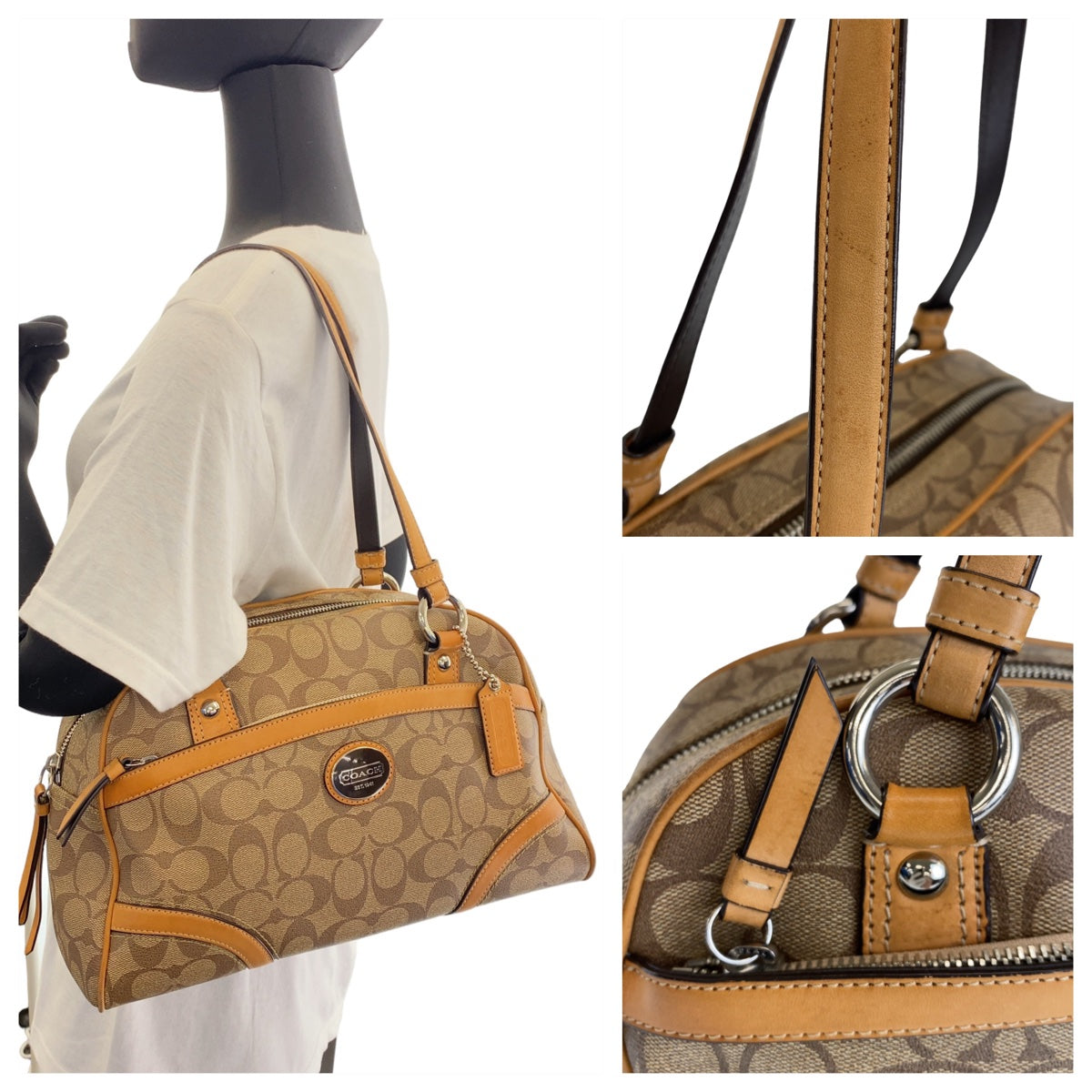 112433
COACH コーチ ヘリテージ シグネチャー ベージュ キャメル シルバー金具 PVC / レザー ショルダーバッグ ハンドバッグ  レディース