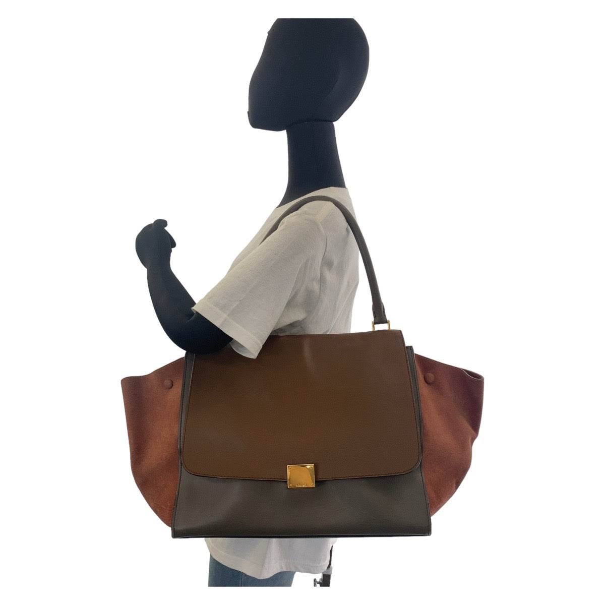 12430
CELINE セリーヌ トラペーズ ブラウン グレー ゴールド金具 レザー / スウェード ハンドバッグ  レディース