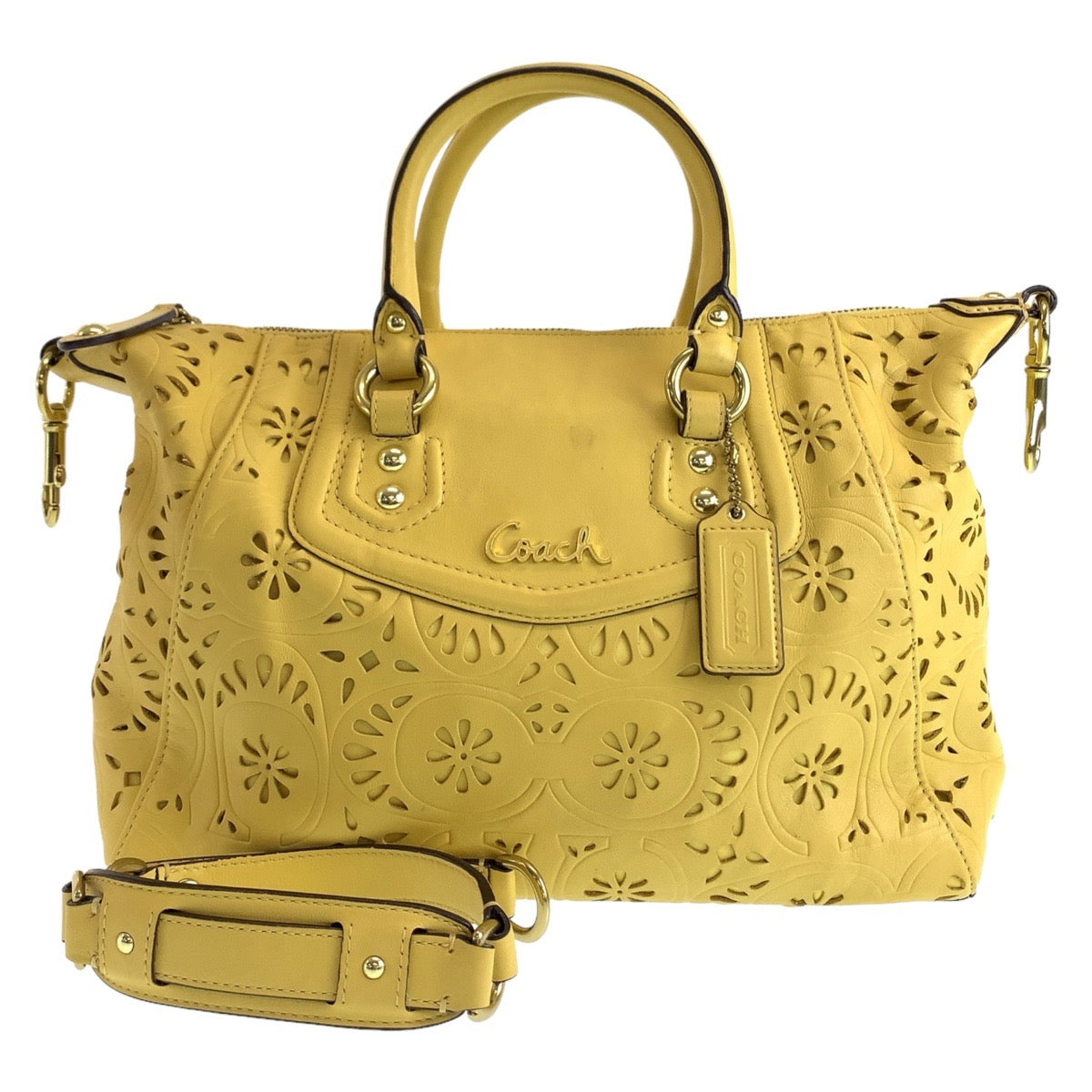 112429
COACH コーチ マディソン レースレザー マギー イエロー ゴールド金具 レザー トートバッグ ハンドバッグ ショルダーバッグ 2way  レディース