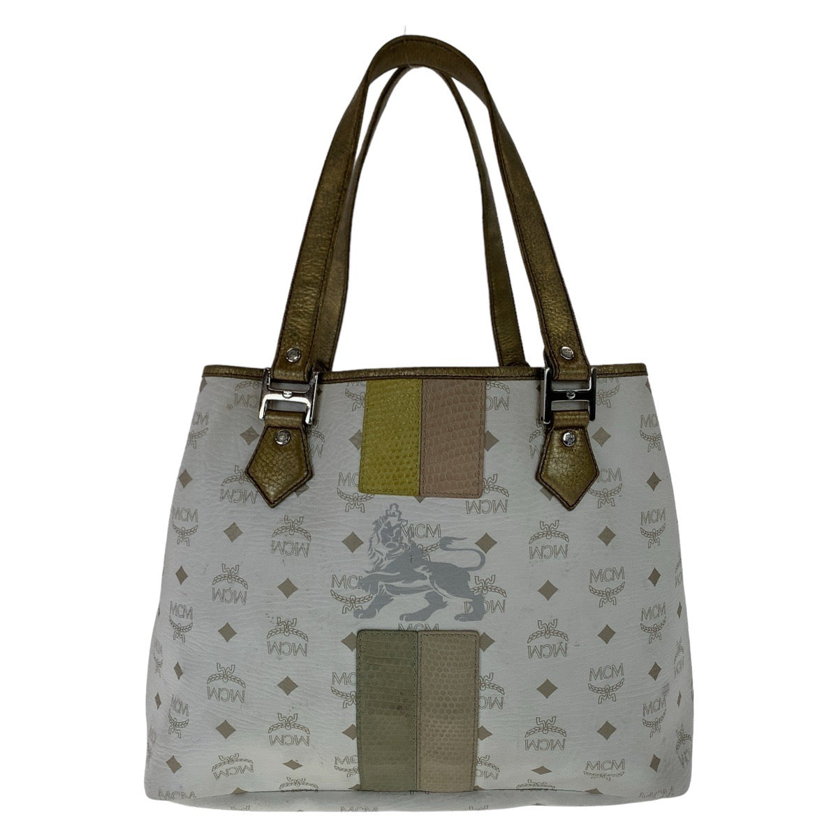 MCM Visetos White Cream Silver Hardware Leather Tote Bag Shoulder Bag Women's