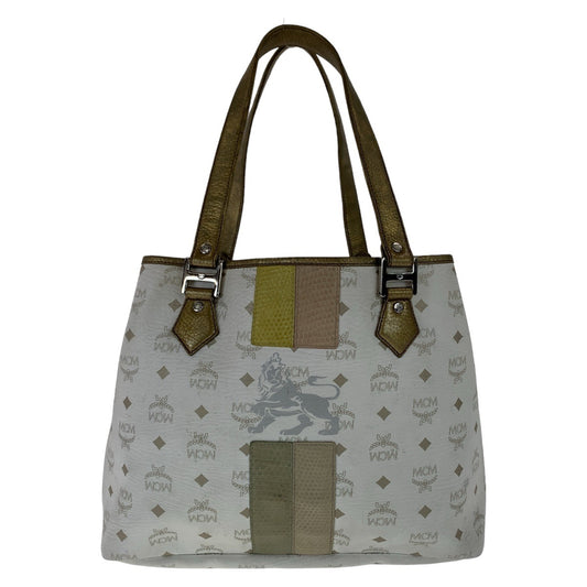 MCM Visetos White Cream Silver Hardware Leather Tote Bag Shoulder Bag Women's