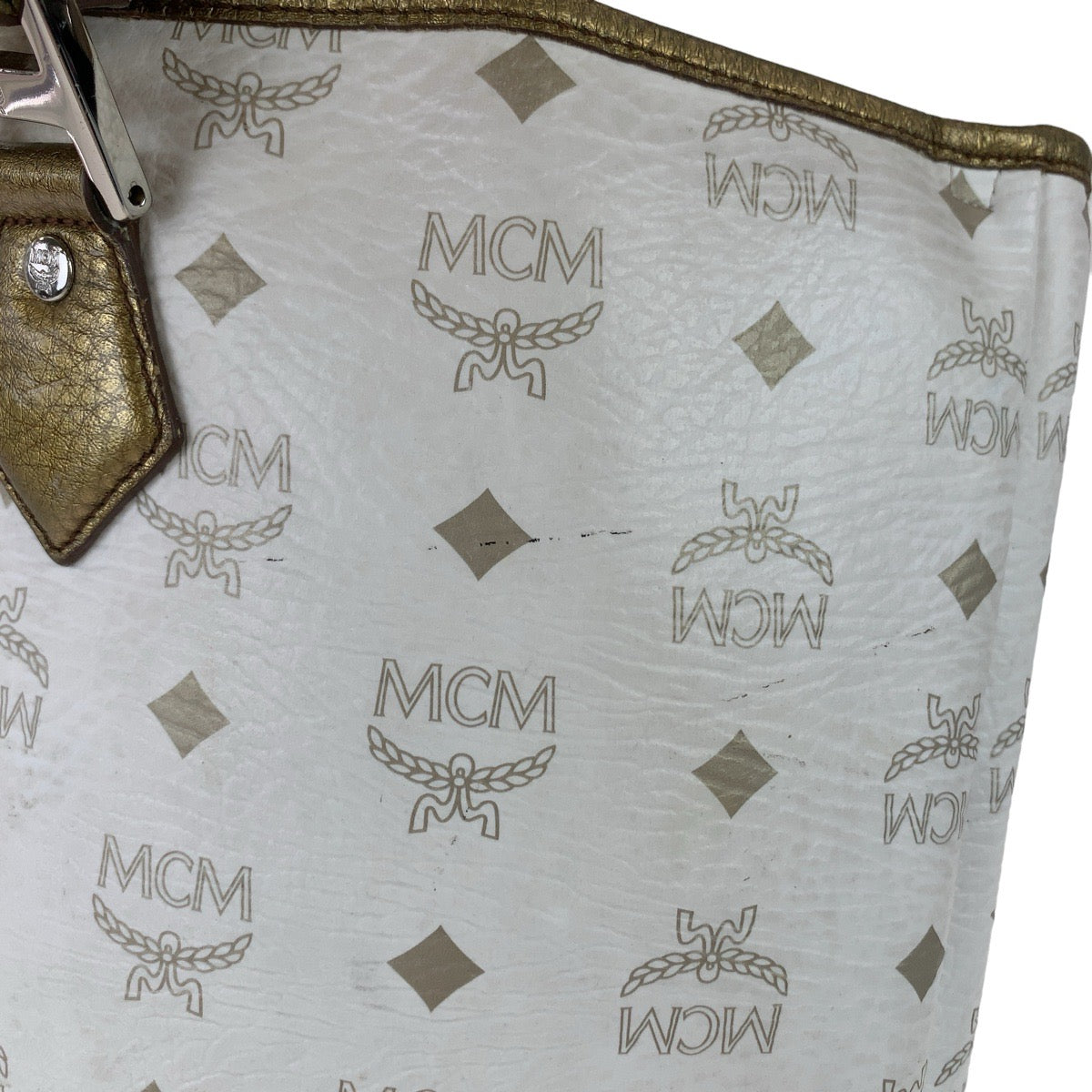 MCM Visetos White Cream Silver Hardware Leather Tote Bag Shoulder Bag Women's