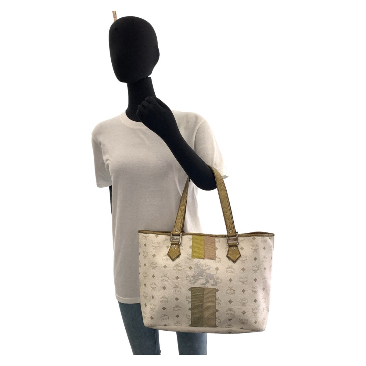 MCM Visetos White Cream Silver Hardware Leather Tote Bag Shoulder Bag Women's