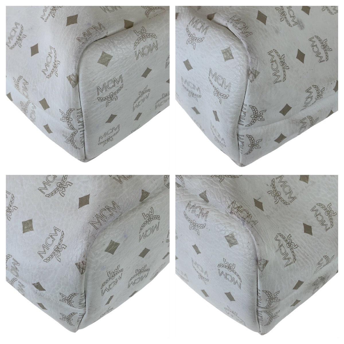 MCM Visetos White Cream Silver Hardware Leather Tote Bag Shoulder Bag Women's