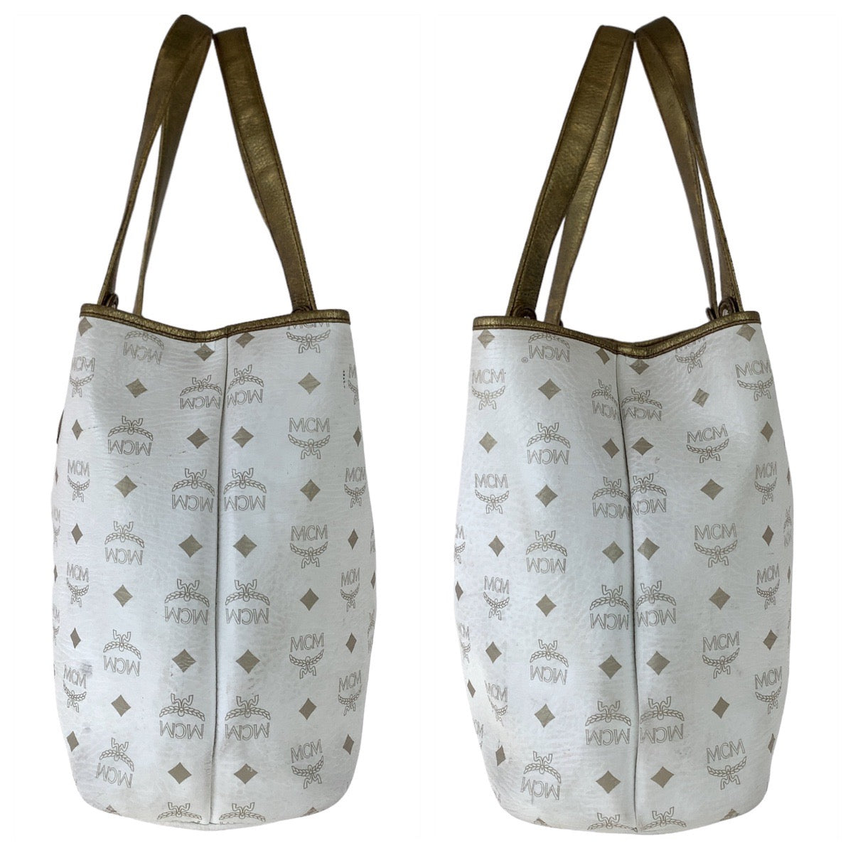 MCM Visetos White Cream Silver Hardware Leather Tote Bag Shoulder Bag Women's