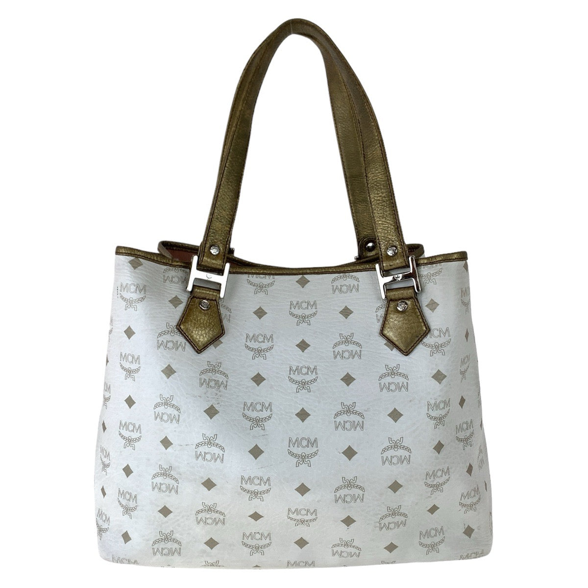 MCM Visetos White Cream Silver Hardware Leather Tote Bag Shoulder Bag Women's