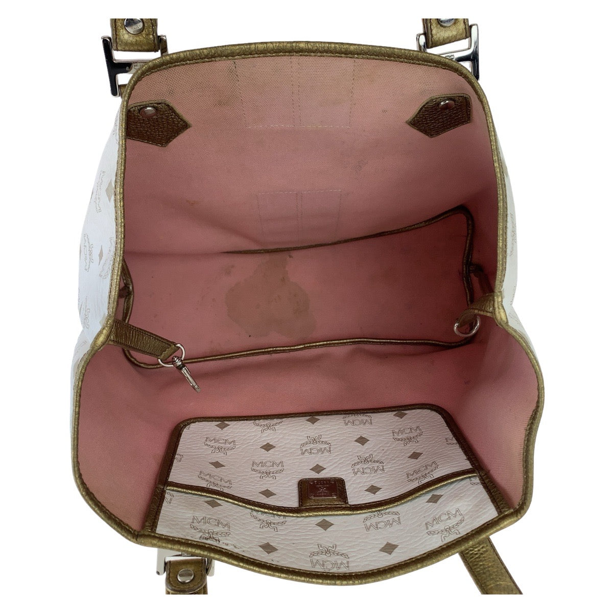 MCM Visetos White Cream Silver Hardware Leather Tote Bag Shoulder Bag Women's