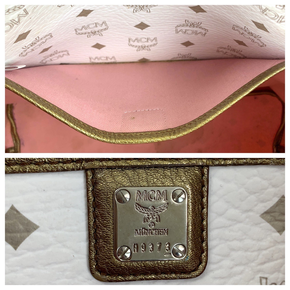 MCM Visetos White Cream Silver Hardware Leather Tote Bag Shoulder Bag Women's