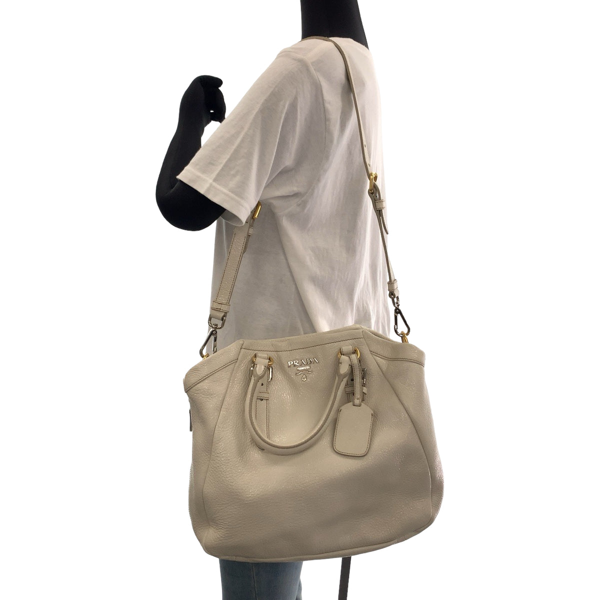 PRADA Prada White Gold Hardware Leather Tote Bag Shoulder Bag Handbag Women's