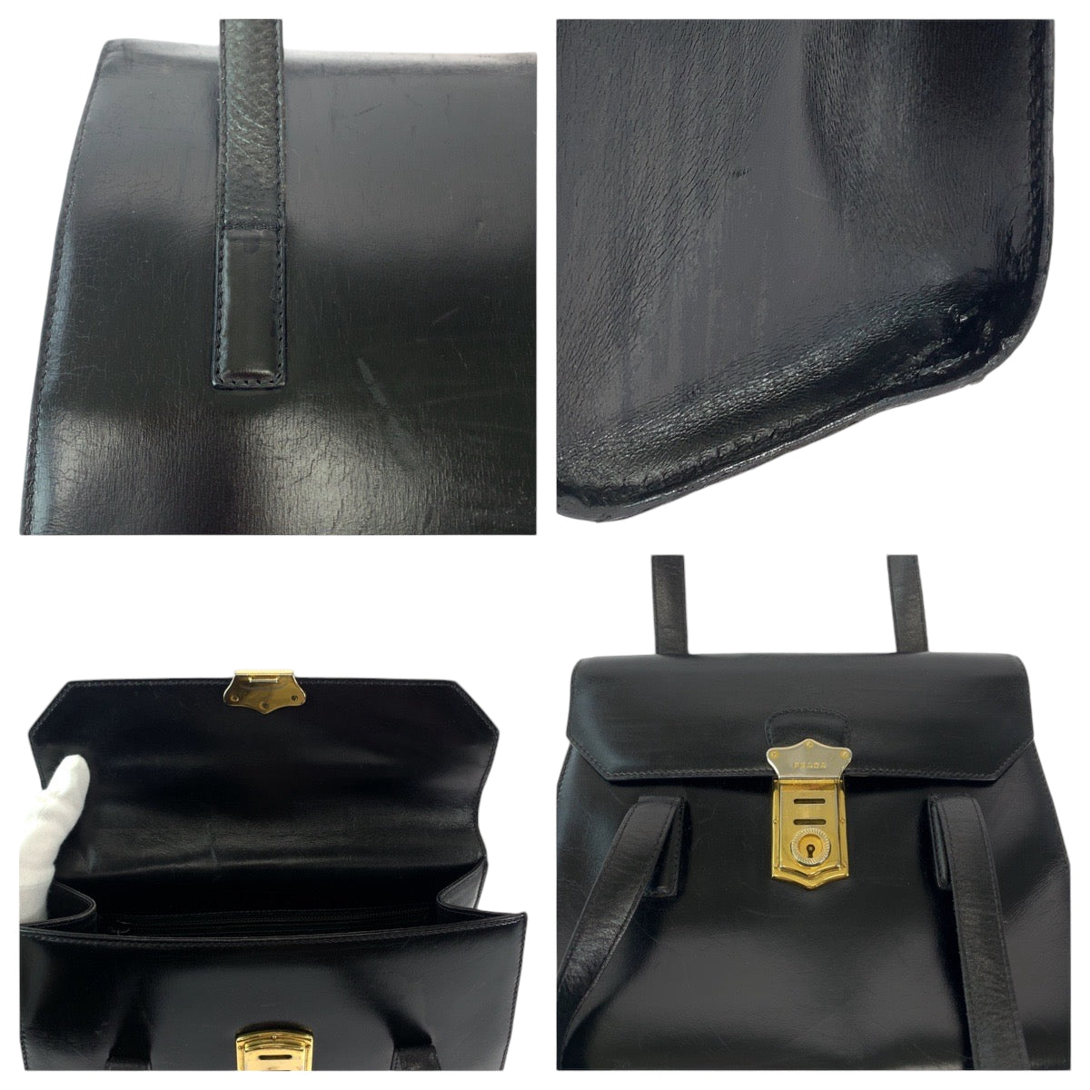 12424
PRADA プラダ ヴィンテージ ブラック ゴールド金具 レザー ショルダーバッグ ハンドバッグ  レディース