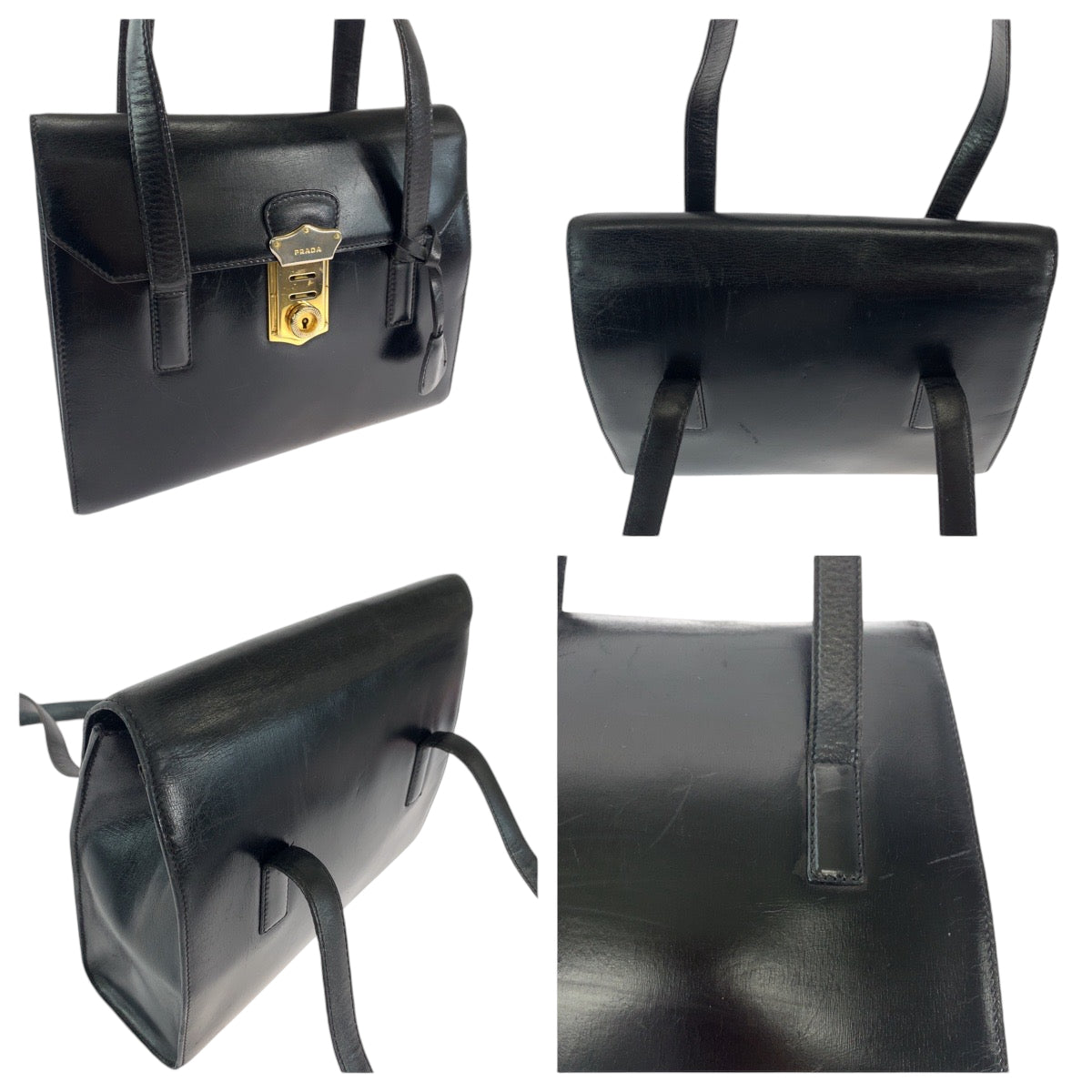 12424
PRADA プラダ ヴィンテージ ブラック ゴールド金具 レザー ショルダーバッグ ハンドバッグ  レディース