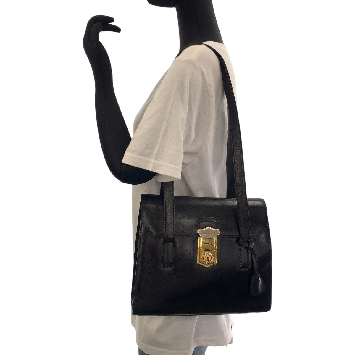 12424
PRADA プラダ ヴィンテージ ブラック ゴールド金具 レザー ショルダーバッグ ハンドバッグ  レディース