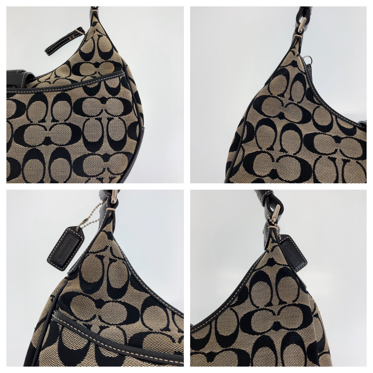 COACH コーチ シグネチャー ホーボー ブラック 黒 グレー シルバー金具 キャンバス / レザー ショルダーバッグ  レディース