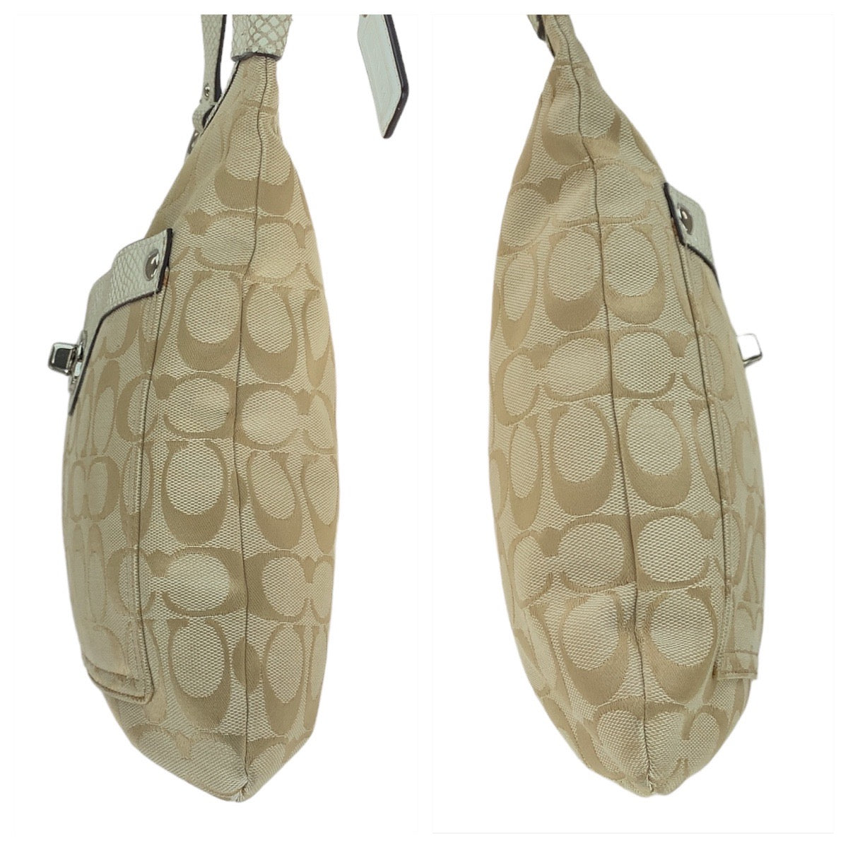 12422
 
COACH Signature Embossed Beige Silver Hardware Canvas/Leather Shoulder Bag Pochette Crossbody Bag for Women