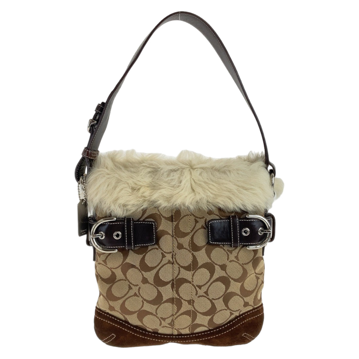 COACH コーチ シグネチャー ファー ブラウン ベージュ シルバー金具 キャンバス / レザー / スウェード ショルダーバッグ ポシェット  レディース