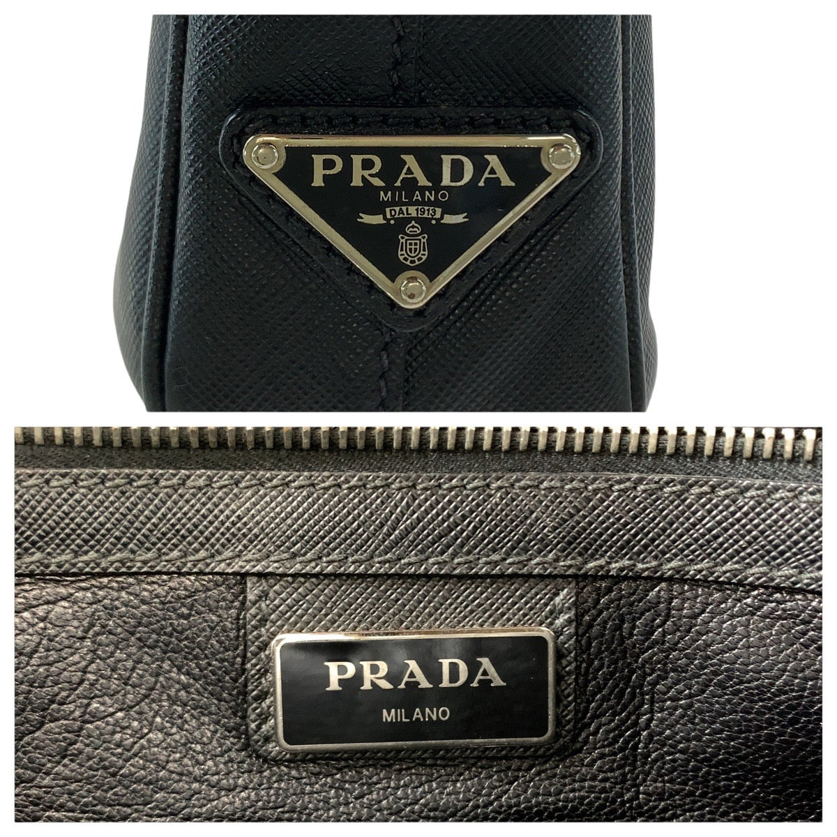 12874
PRADA プラダ サフィアーノ 三角ロゴプレート ブラック 黒 シルバー金具 レザー ビジネスバッグ ブリーフケース  メンズ