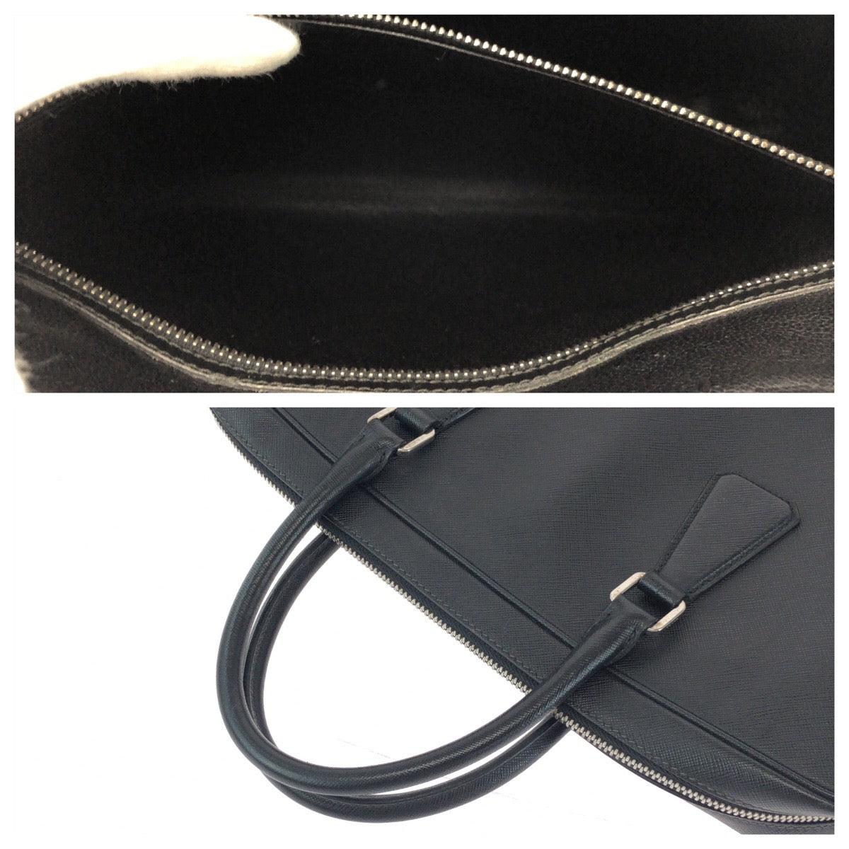 12874
PRADA プラダ サフィアーノ 三角ロゴプレート ブラック 黒 シルバー金具 レザー ビジネスバッグ ブリーフケース  メンズ