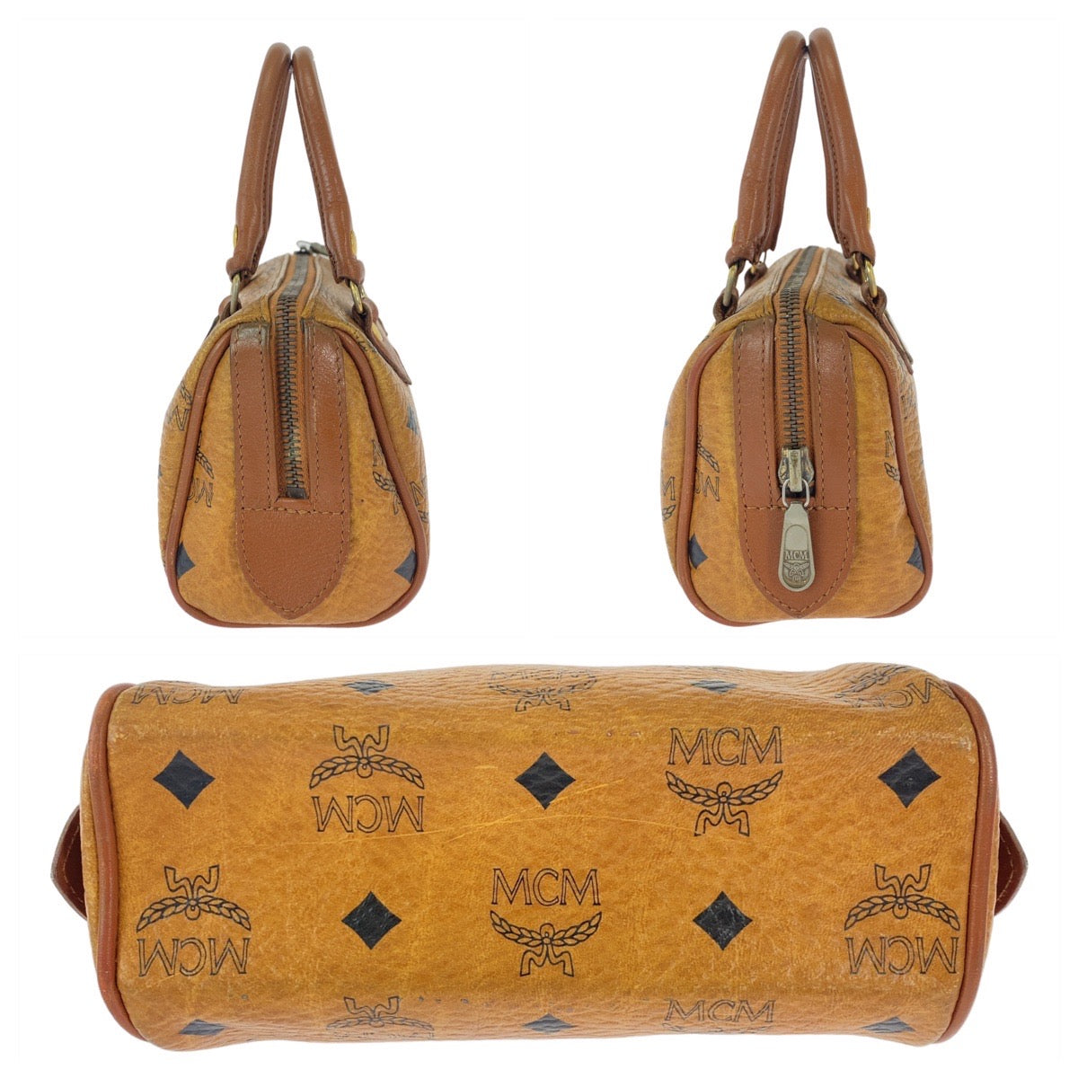 112407
MCM エム シー エム ヴィンテージ ロゴグラム コニャック ブラウン ゴールド金具 レザー ショルダーバッグ ミニボストンバッグ ハンドバッグ 2way  レディース