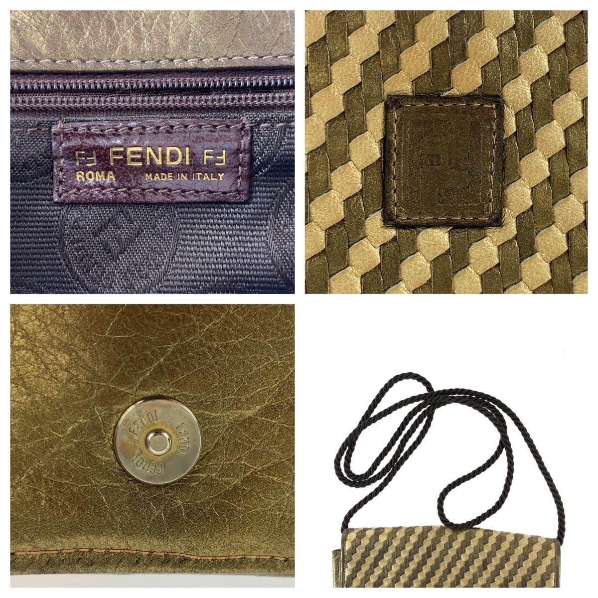 11532
 FENDI Vintage FF logo woven gold beige gold hardware leather crossbody shoulder bag pochette for women