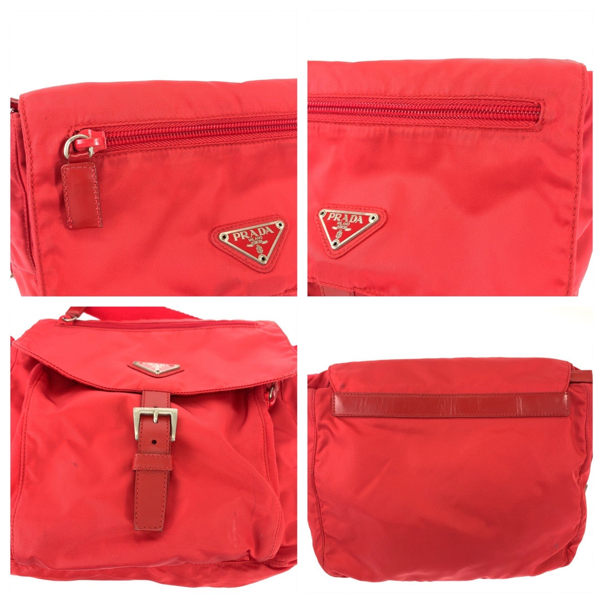 12402
PRADA プラダ テスート 三角ロゴプレート レッド ゴールド金具 ナイロン ショルダーバッグ ポシェット  レディース