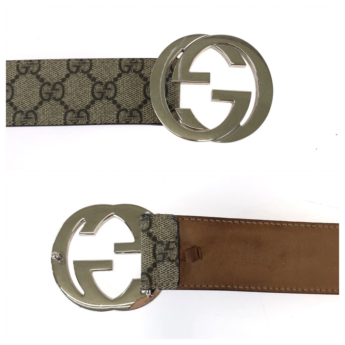 11549
GUCCI グッチ インターロッキング 90cm/36inc ベージュ シルバー金具 GGスプリームキャンバス 411924 ベルト バックル  メンズ