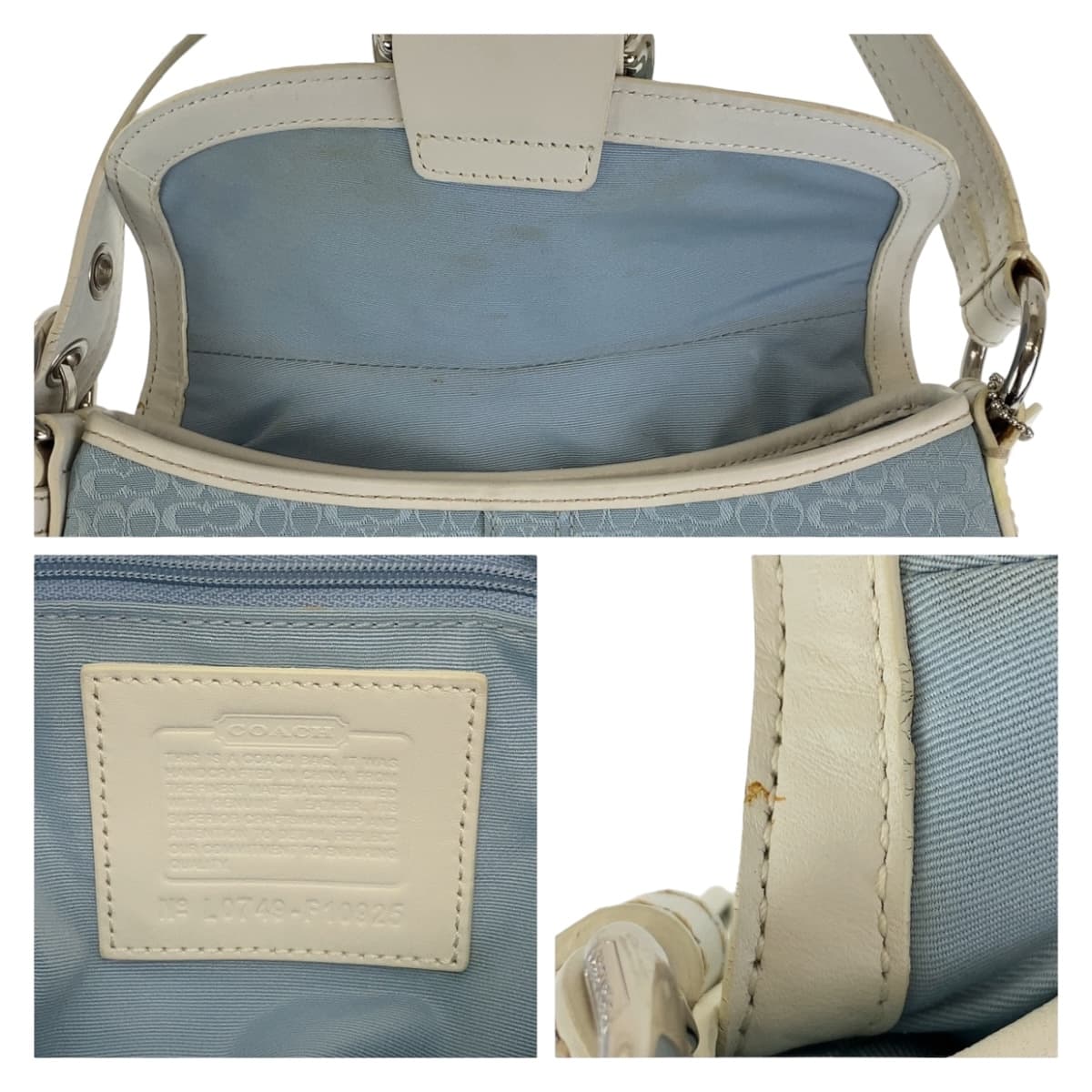 COACH コーチ シグネチャー ライトブルー ホワイト シルバー金具 キャンバス / レザー ショルダーバッグ ハンドバッグ  レディース