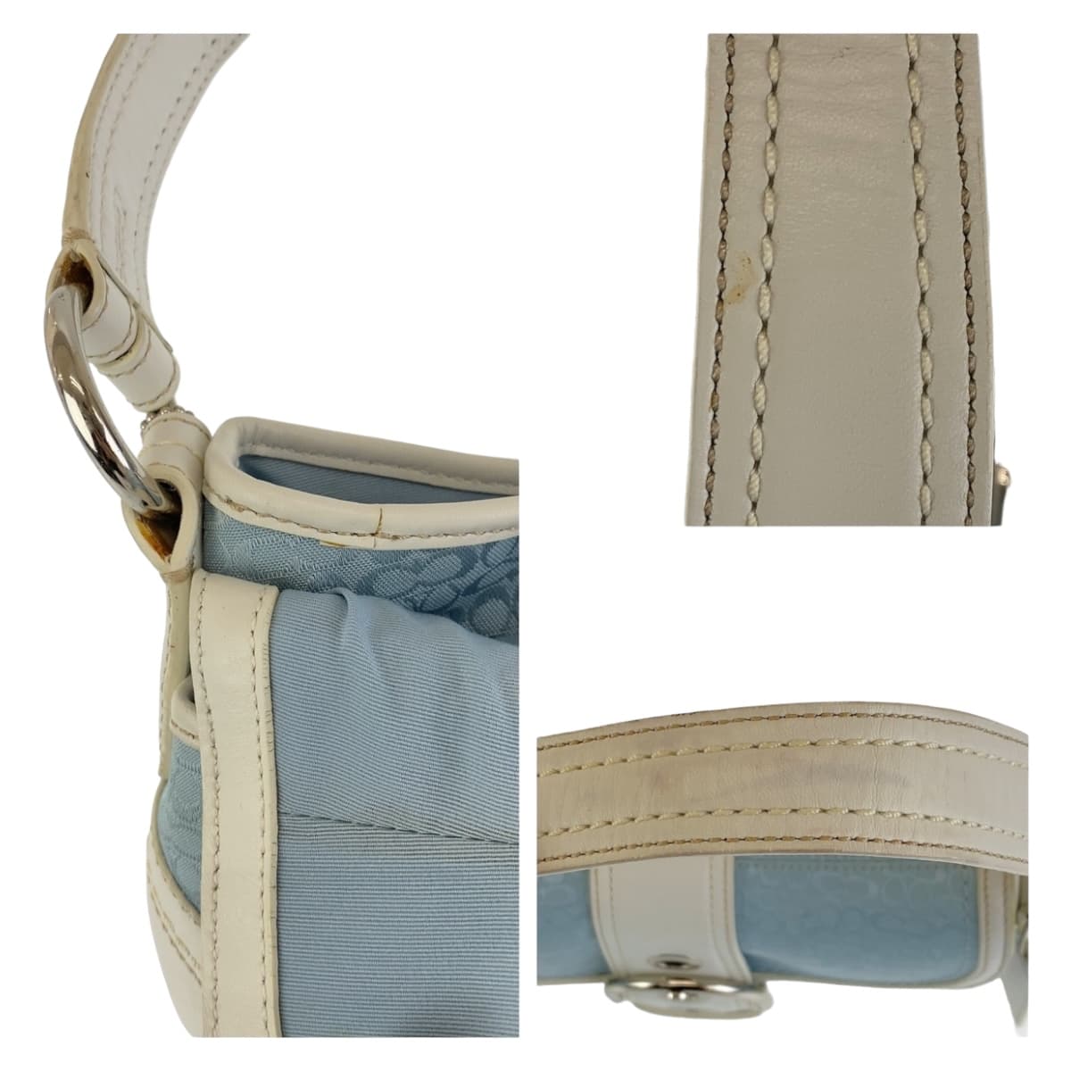 COACH コーチ シグネチャー ライトブルー ホワイト シルバー金具 キャンバス / レザー ショルダーバッグ ハンドバッグ  レディース